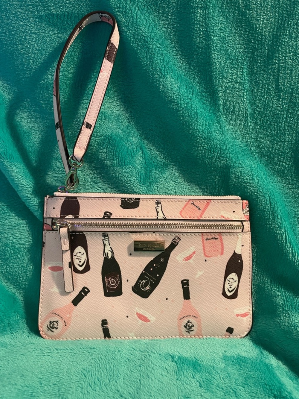 Kate Spade Pink Champagne Bottle  Patterned Wristlet Clutch